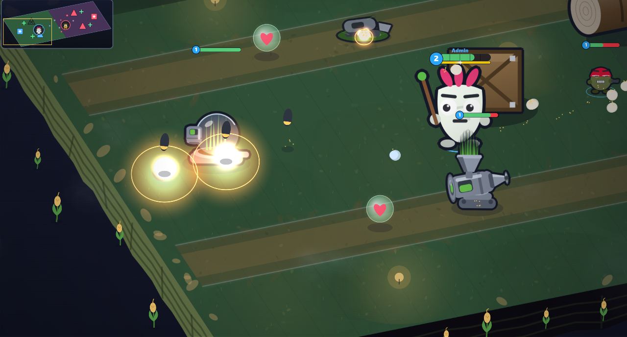 Plops gameplay: the hero Rae Radish attacks a sprinkler turret in an isometric arena with a card hand at the bottom of the screen