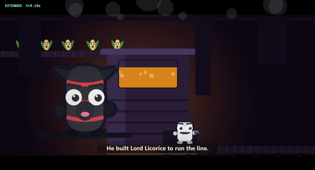 A frame from the Plops procedural intro: Lord Licorice, a black candy villain, looms in a factory while corn characters watch from a conveyor line, subtitled 'He built Lord Licorice to run the line.'