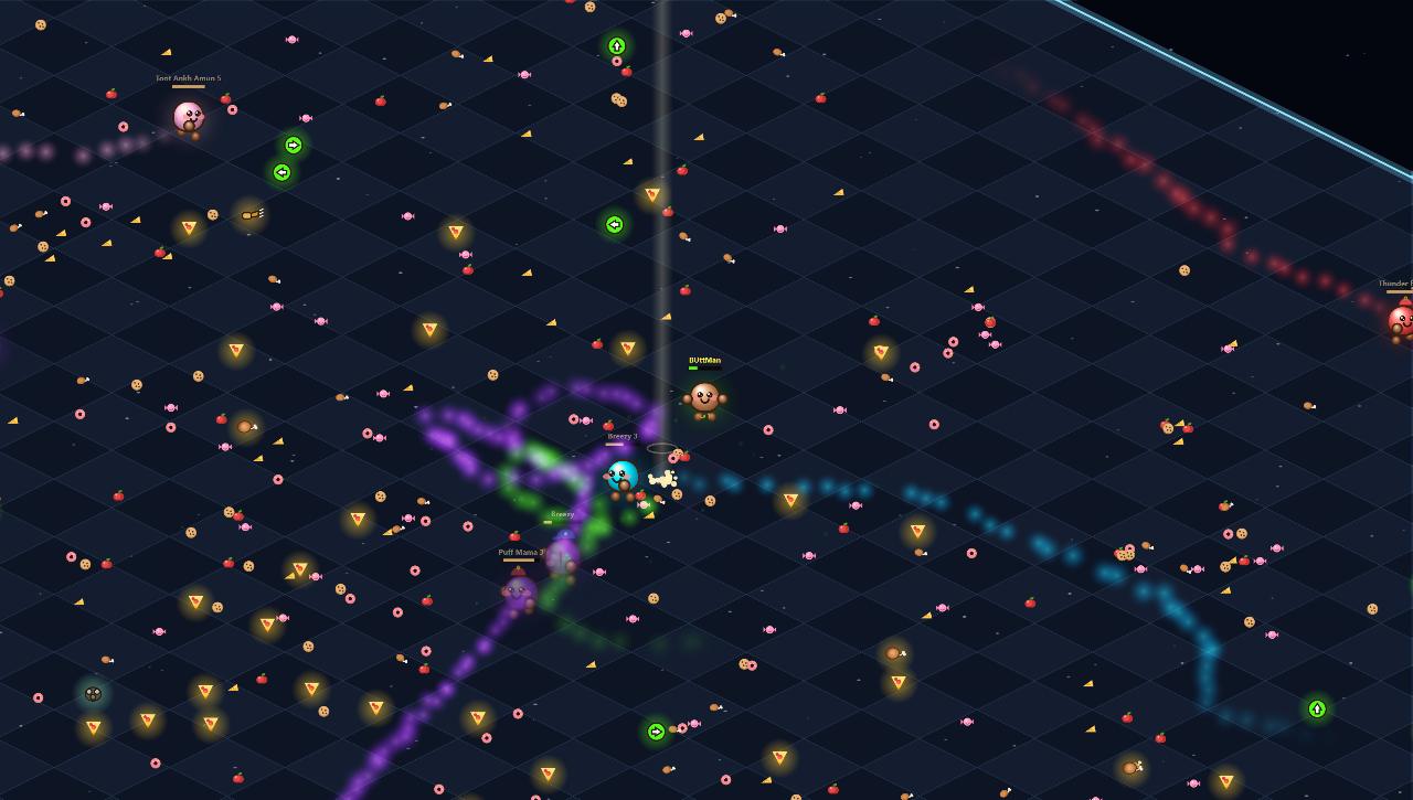 A live Toots arena: dozens of round characters trailing colored gas clouds across an isometric grid, with a wind gauge reading 13 mph, a leaderboard, and wind-shift banner